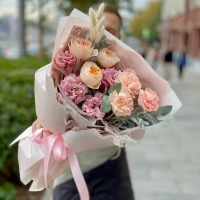 Bouquet with peony roses “Juliet”, eustoma and dianthus