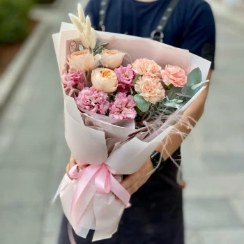 Bouquet with peony roses “Juliet”, eustoma and dianthus