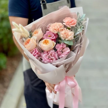 Bouquet with peony roses “Juliet”, eustoma and dianthus